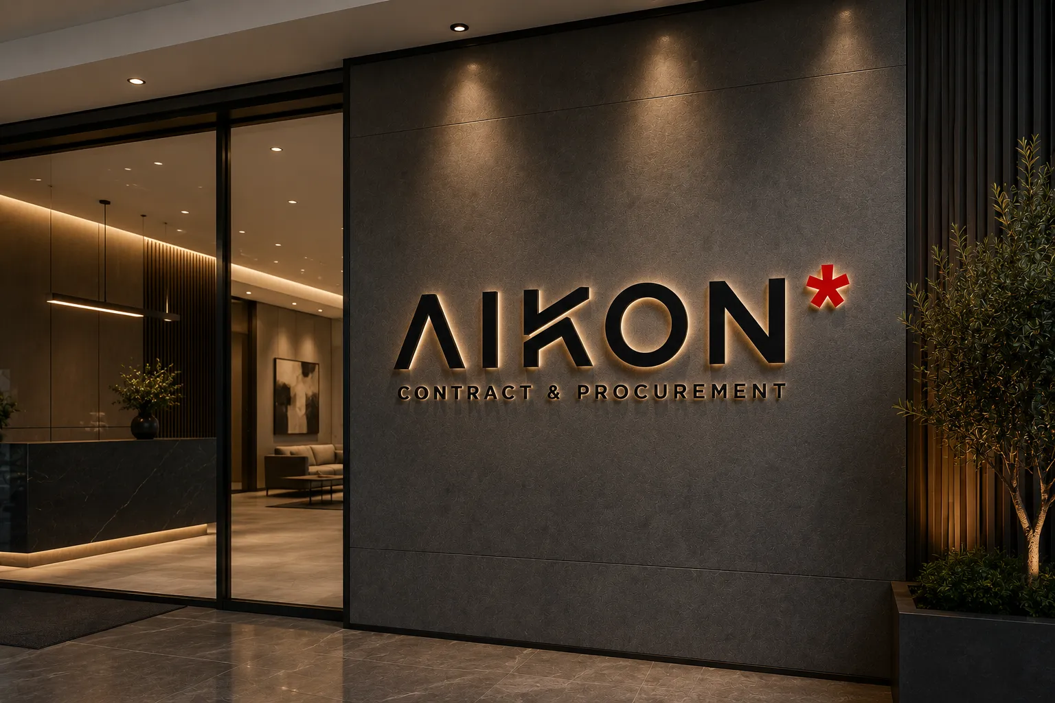 AIKON Contract & Procurement reception with backlit logo signage at its Larnaca, Cyprus headquarters