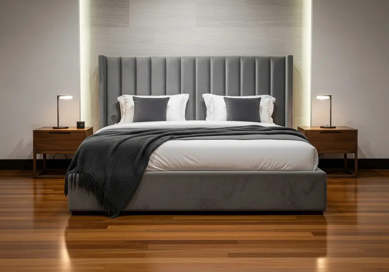 AIKON upholstered bed — platform bed with tall channeled velvet headboard and walnut nightstands