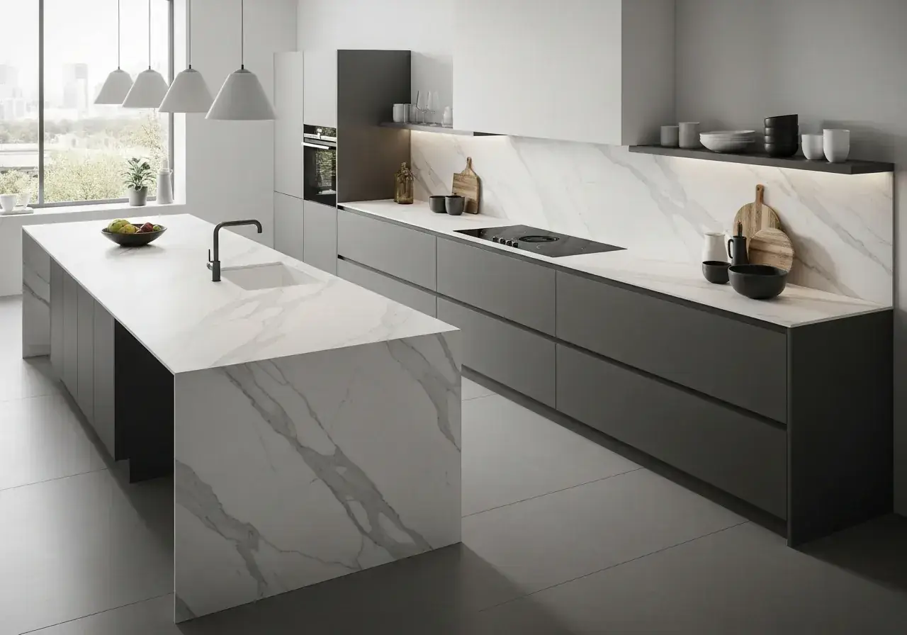 Large-format ceramic slab countertop with seamless surface — precision-cut ceramic worktop supplied across Cyprus by AIKON