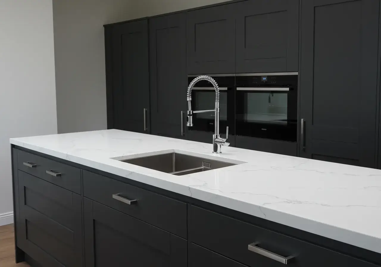 Engineered quartz kitchen worktop with undermount sink — high-end countertop