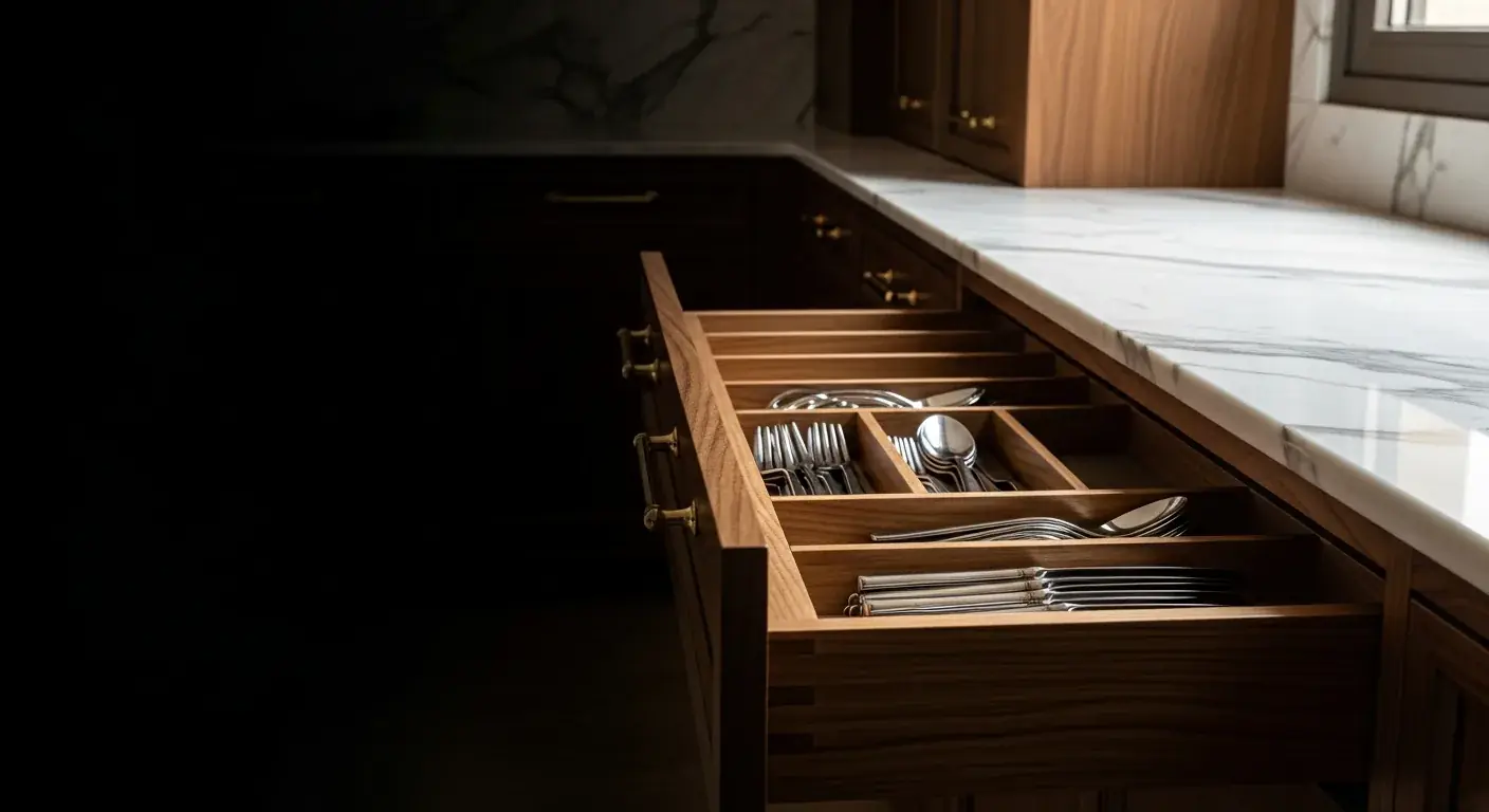 AIKON walnut drawer interior with brass cutlery dividers and Calacatta marble countertop — craftsmanship detail