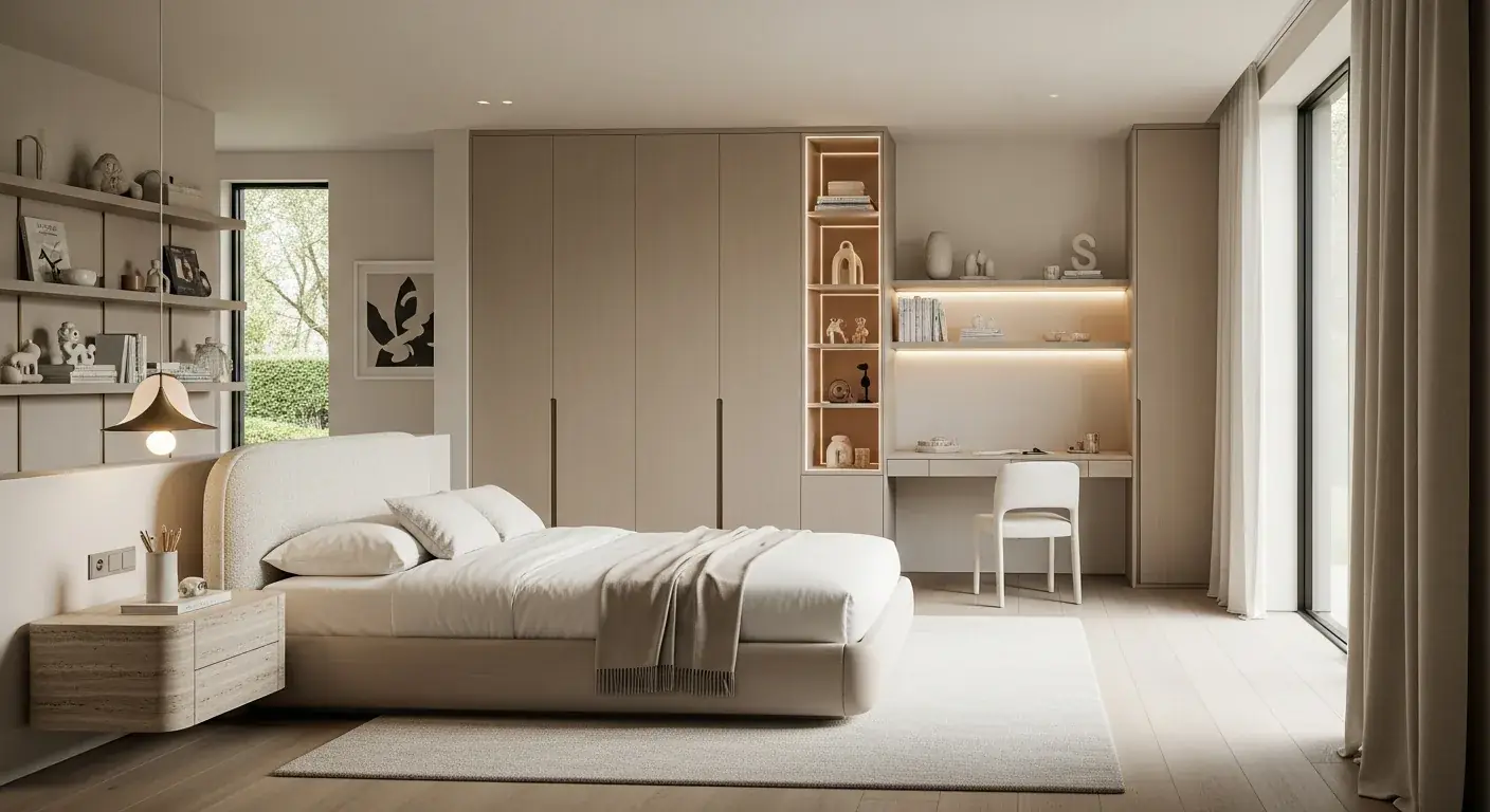 AIKON kids bedroom — fitted single bed with integrated drawers, study desk and wall storage in a child-safe finish