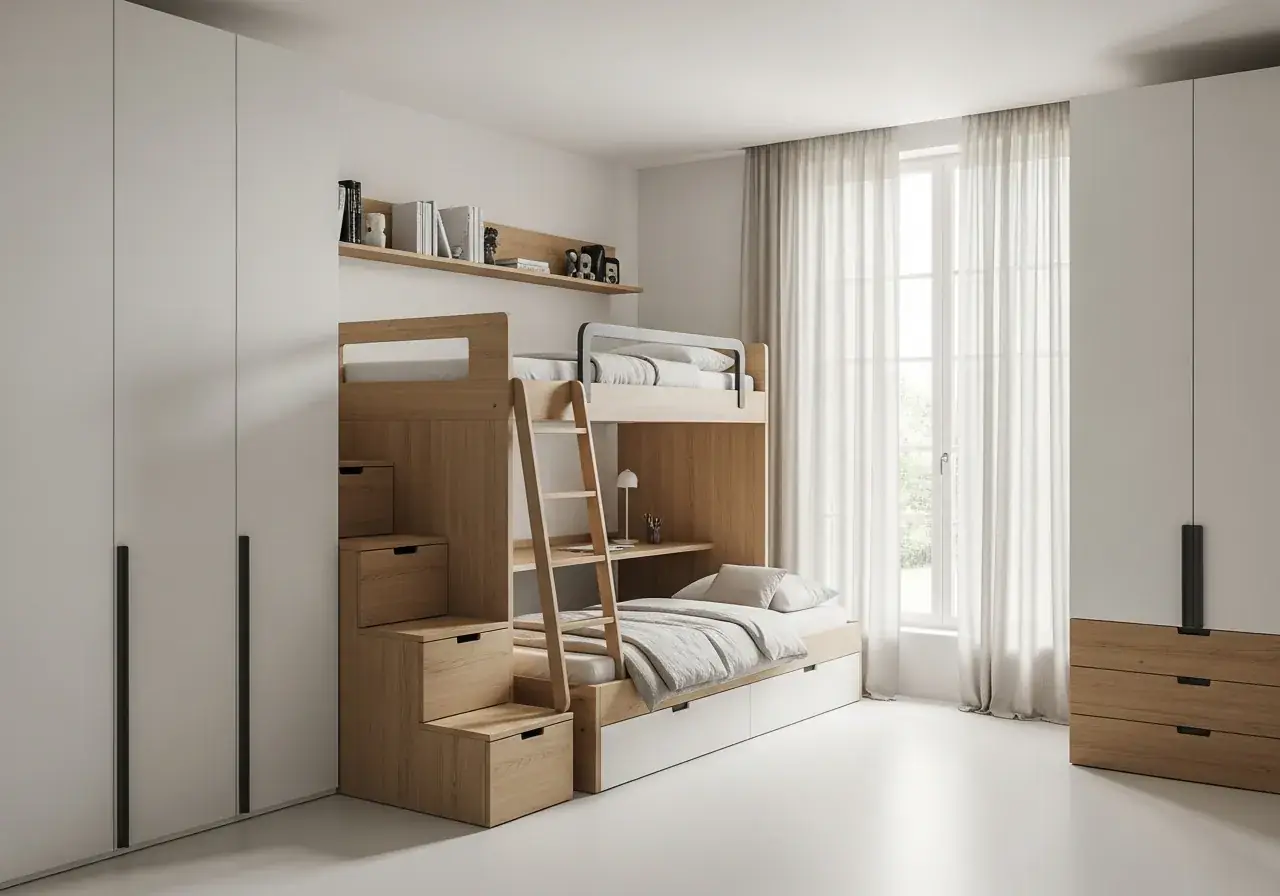AIKON KIDS 3 Twin Loft — Italian shared bedroom ages 7 to 12 with bunk bed, integrated ladder drawers, study desk underneath in matte white and oak veneer