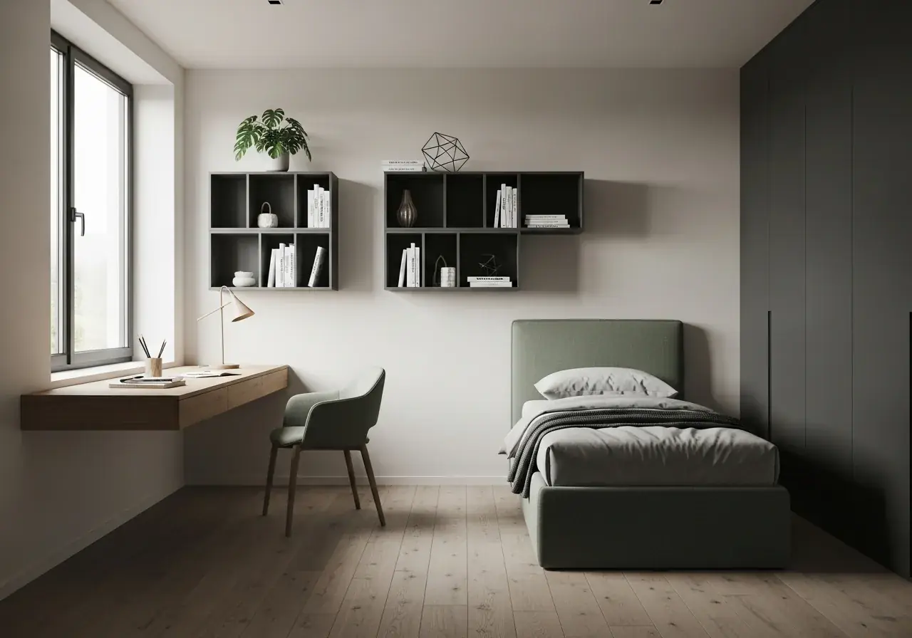 AIKON KIDS 4 Studio Pre-Teen — Italian pre-teen bedroom ages 10 to 14, single bed with upholstered headboard, wall-mounted desk, modular shelving in muted sage and charcoal