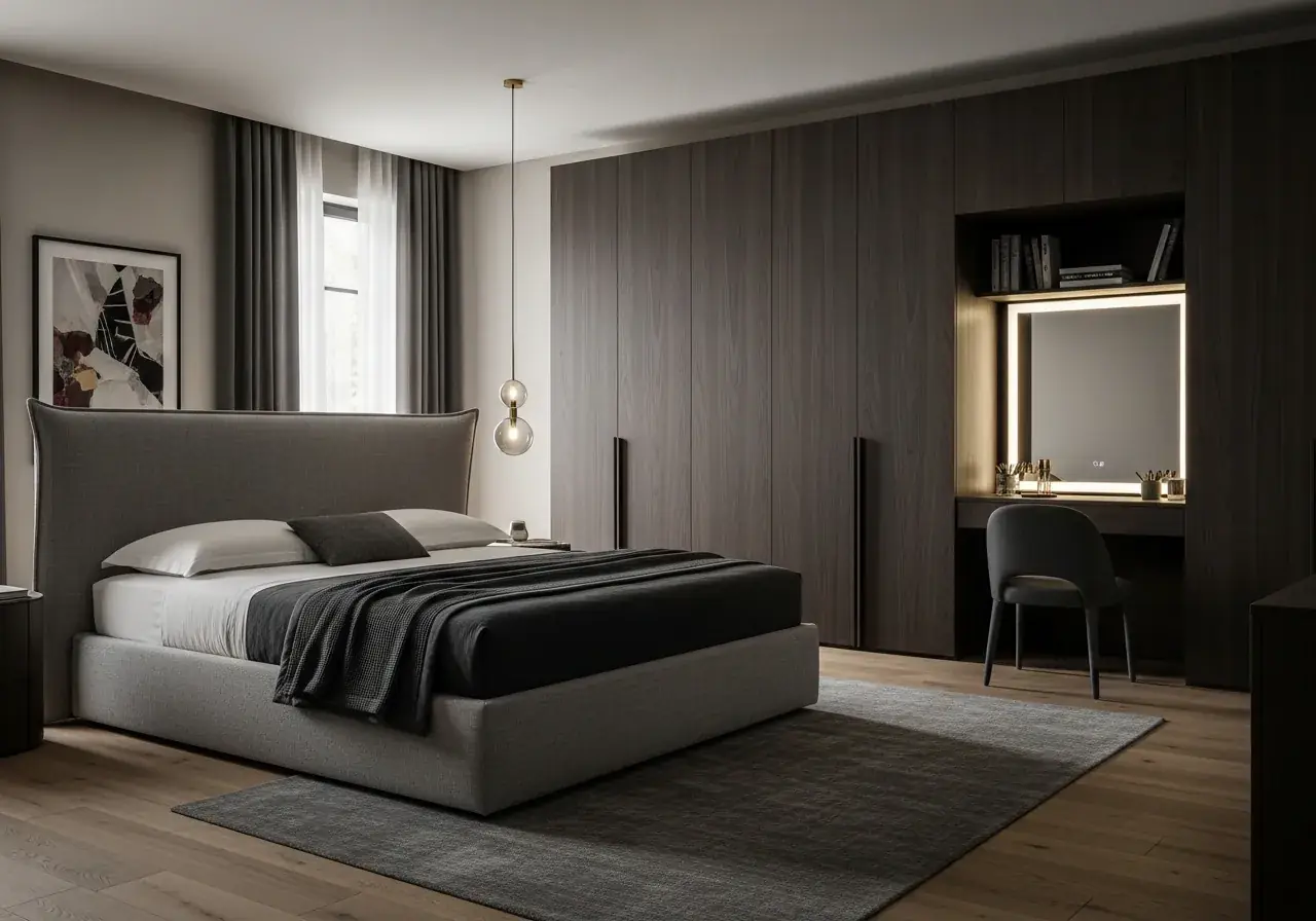 AIKON KIDS 5 Edge Teen Suite — Italian luxury teen bedroom ages 13 to 16 with upholstered headboard, fitted walnut wardrobe and integrated vanity desk in anthracite linen