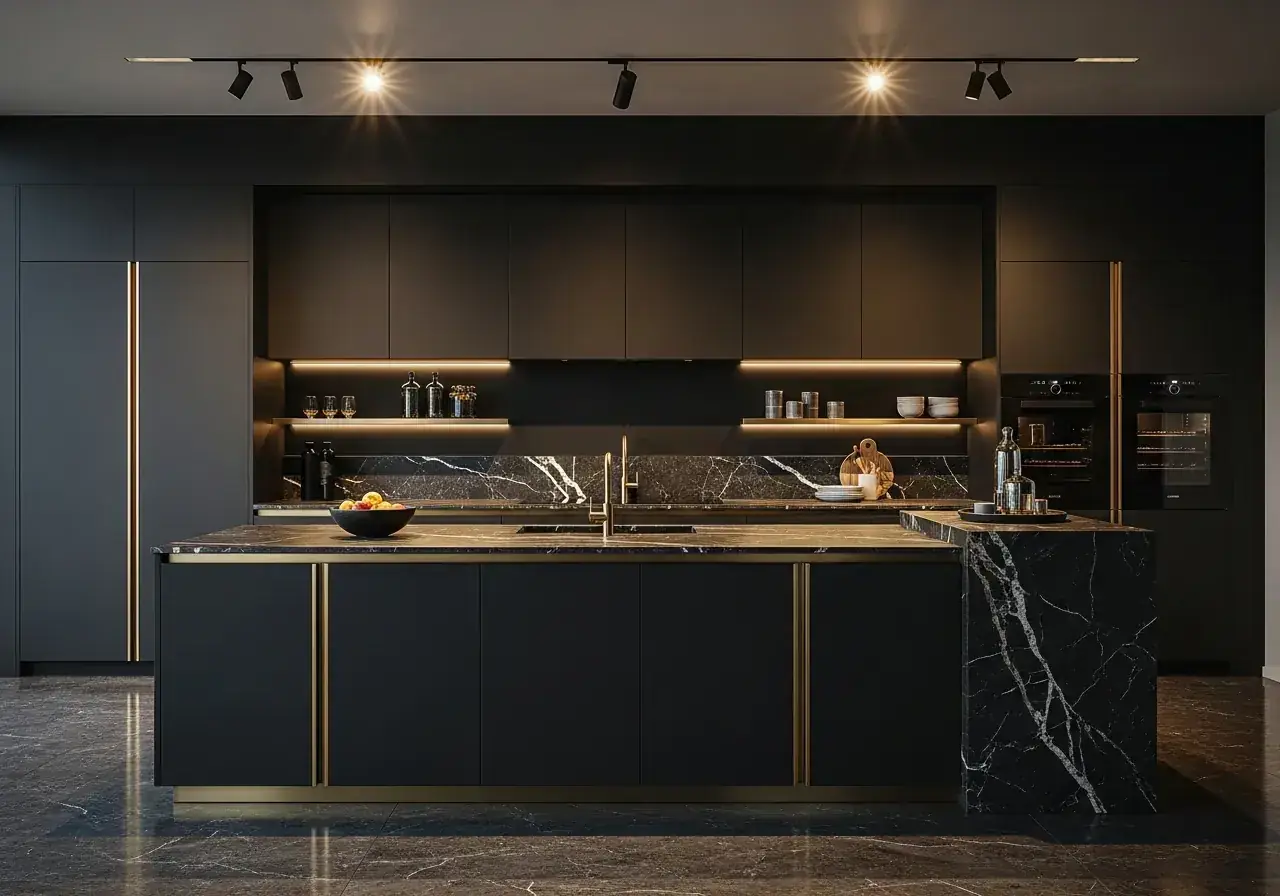AIKON2 classic dark kitchen — charcoal matte cabinetry with slim handles and dark stone island, produced in AIKON factories