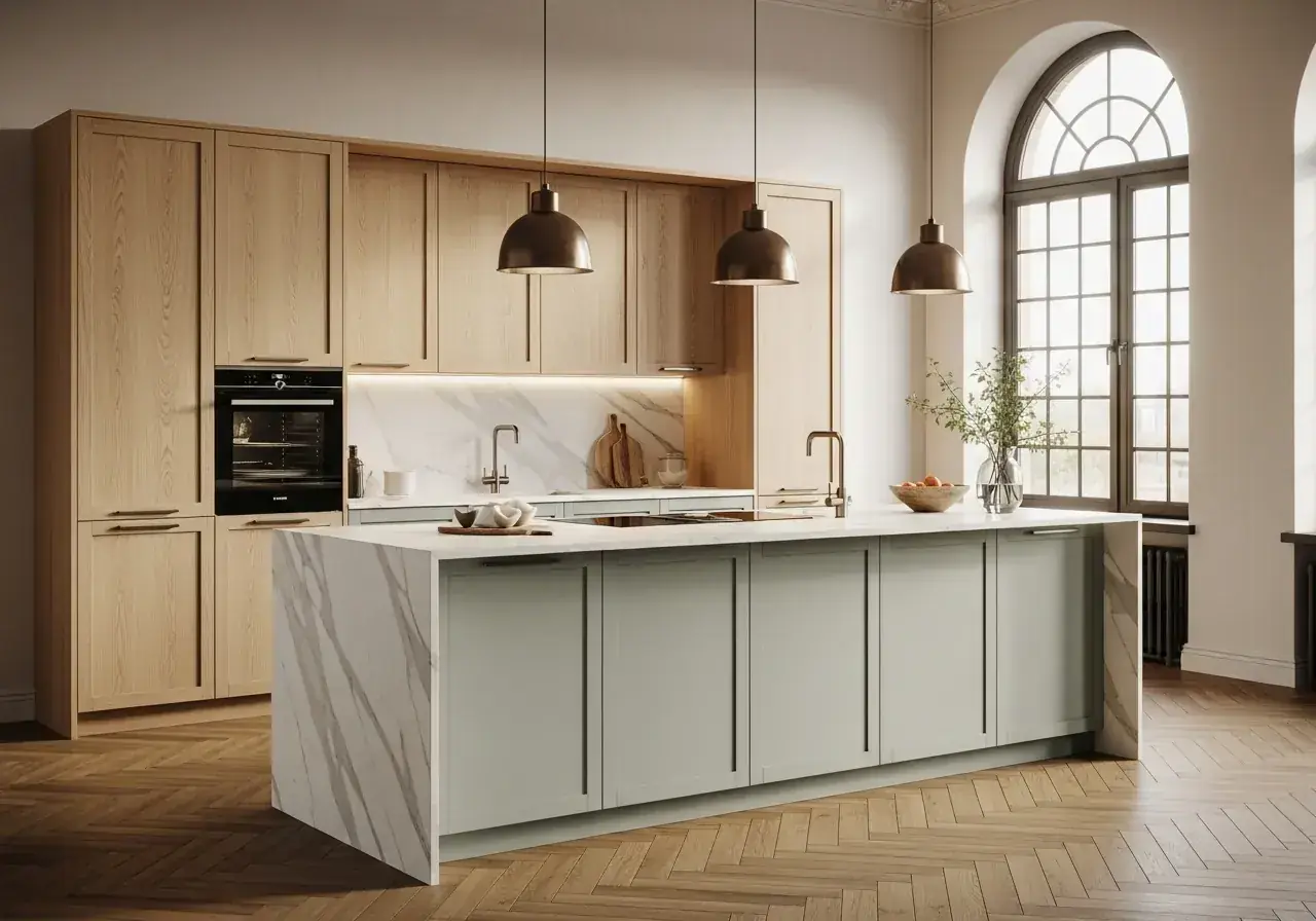 AIKON3 two-tone kitchen — oak veneer upper cabinets, soft sage lacquer lowers and light stone island, produced in AIKON factories