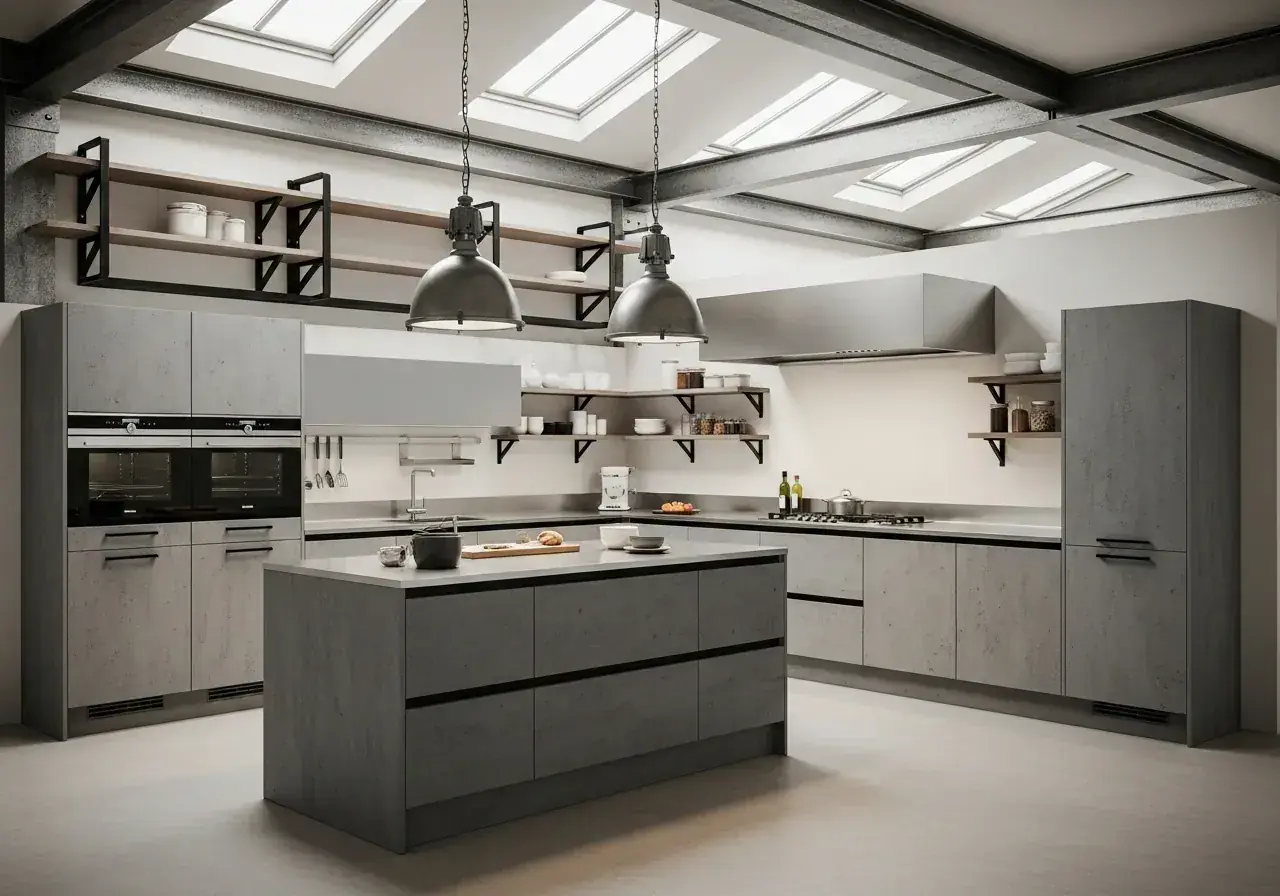 AIKON4 practical workhorse kitchen — concrete-grey cabinetry with stainless steel worktops and steel frame shelving, produced in AIKON factories