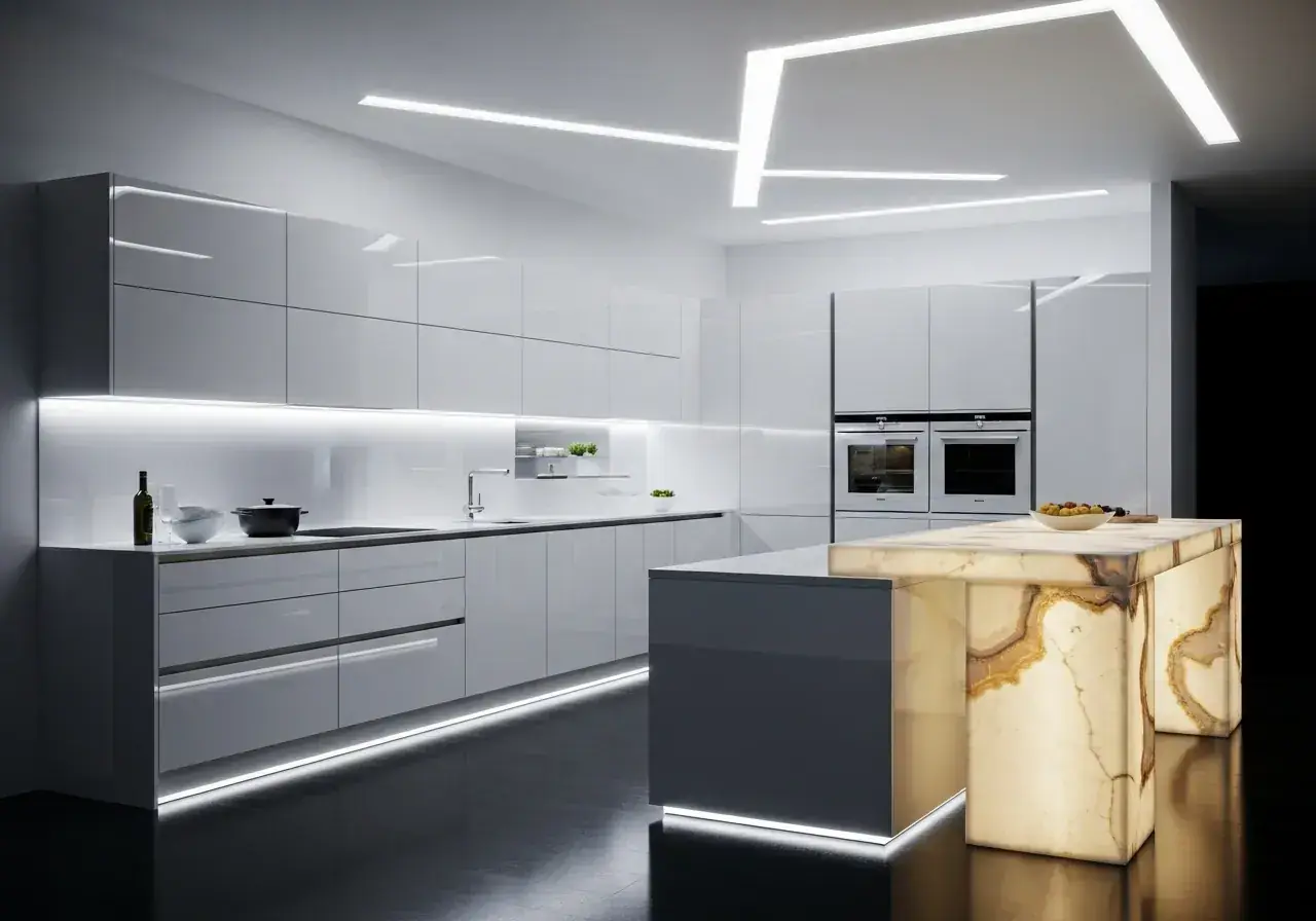 AIKON5 modern bright kitchen — handleless cabinetry with integrated LED lighting and a clean central island, produced in AIKON factories