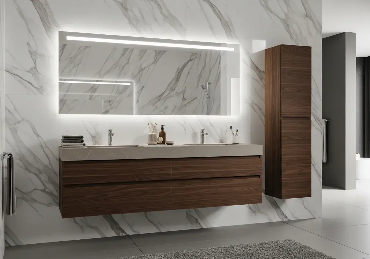AIKON modular bathroom vanity — wall-mounted double vanity in walnut veneer with handleless drawers, stone countertop with twin undermount basins and backlit mirror