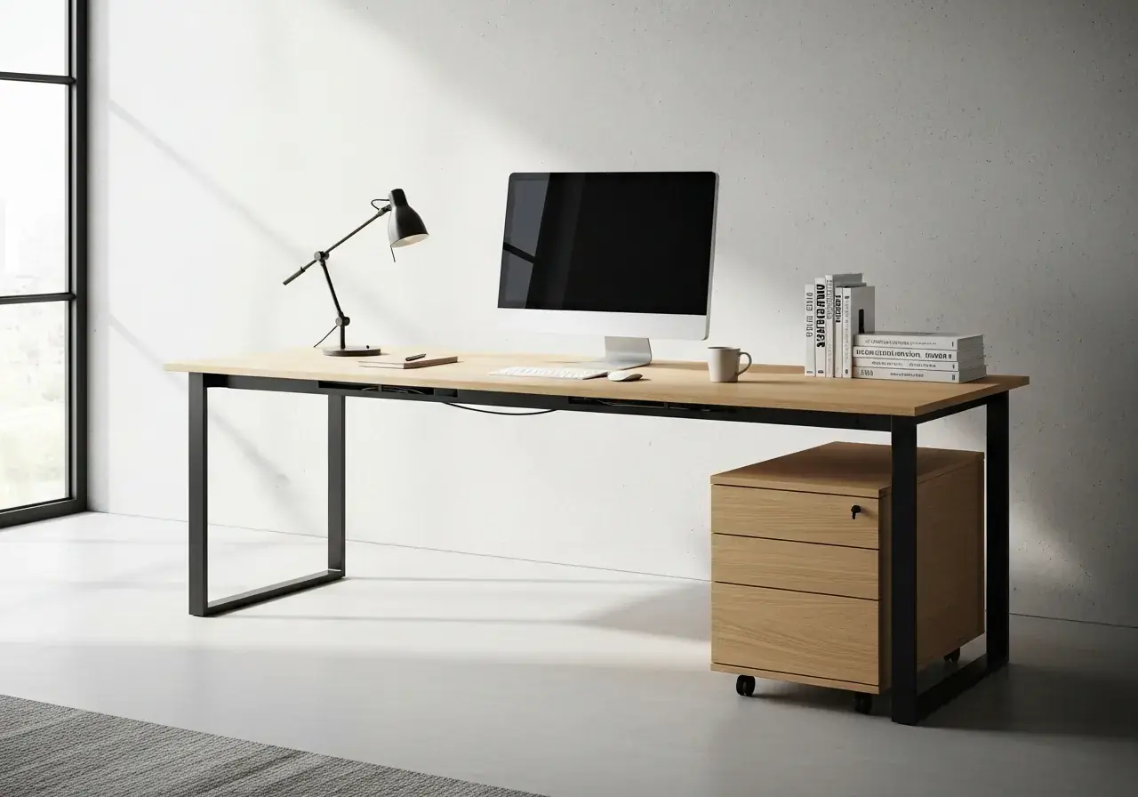 AIKON modular home office desk — slim profile floating desk with integrated cable management, matching drawer pedestal in oak veneer with matte black legs