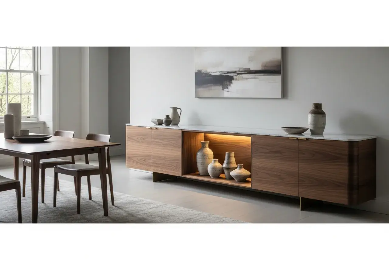 AIKON modular dining sideboard — walnut veneer credenza with brass handleless pulls, integrated display niche and marble top