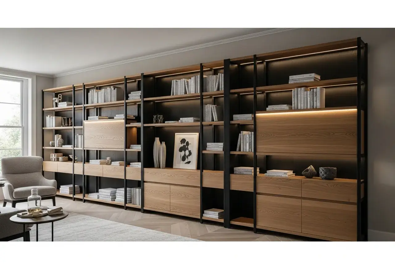 AIKON modular library system — floor-to-ceiling oak veneer shelving with mix of closed cabinet modules and open shelves, matte black frame and integrated LED lighting