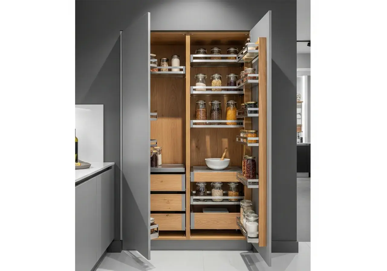AIKON modular kitchen pantry storage cabinet — tall handleless unit with internal pull-out shelves, matte grey lacquer doors and oak interior