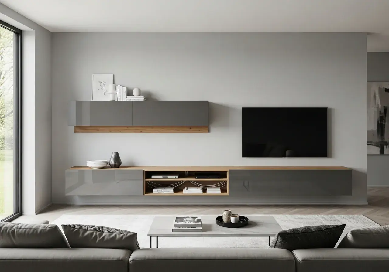 AIKON modular TV media unit — low-profile wall-mounted console in matte anthracite lacquer with oak veneer accents, integrated cable management and floating shelf