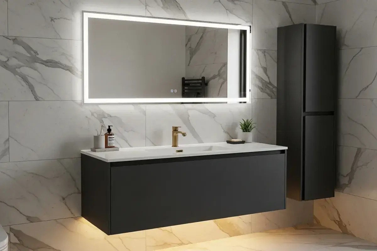 Modern floating bathroom vanity with integrated LED lighting — luxury bathroom furniture