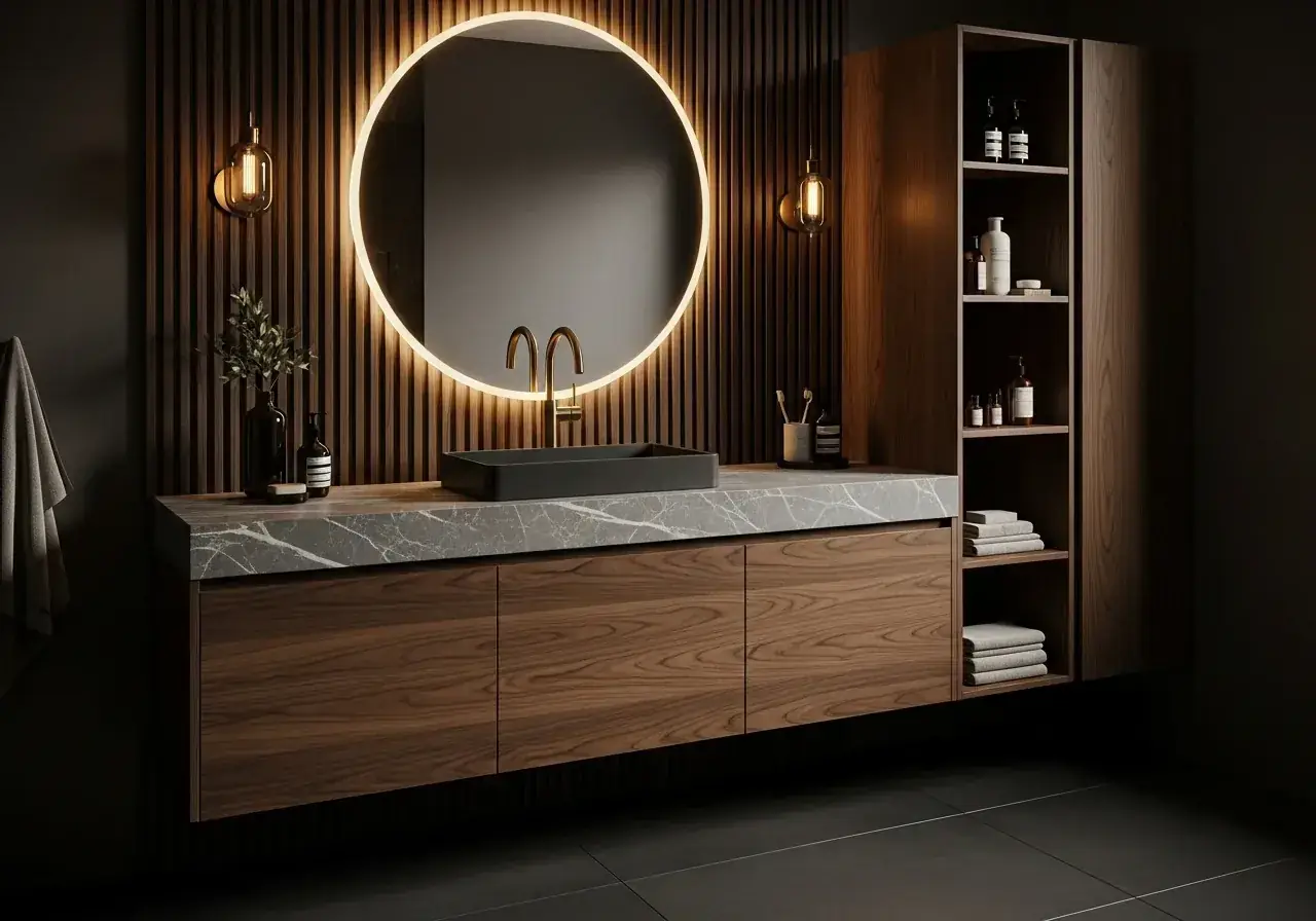 Floating wall-hung bathroom vanity with handleless doors and stone countertop — bespoke vanity unit by AIKON Cyprus