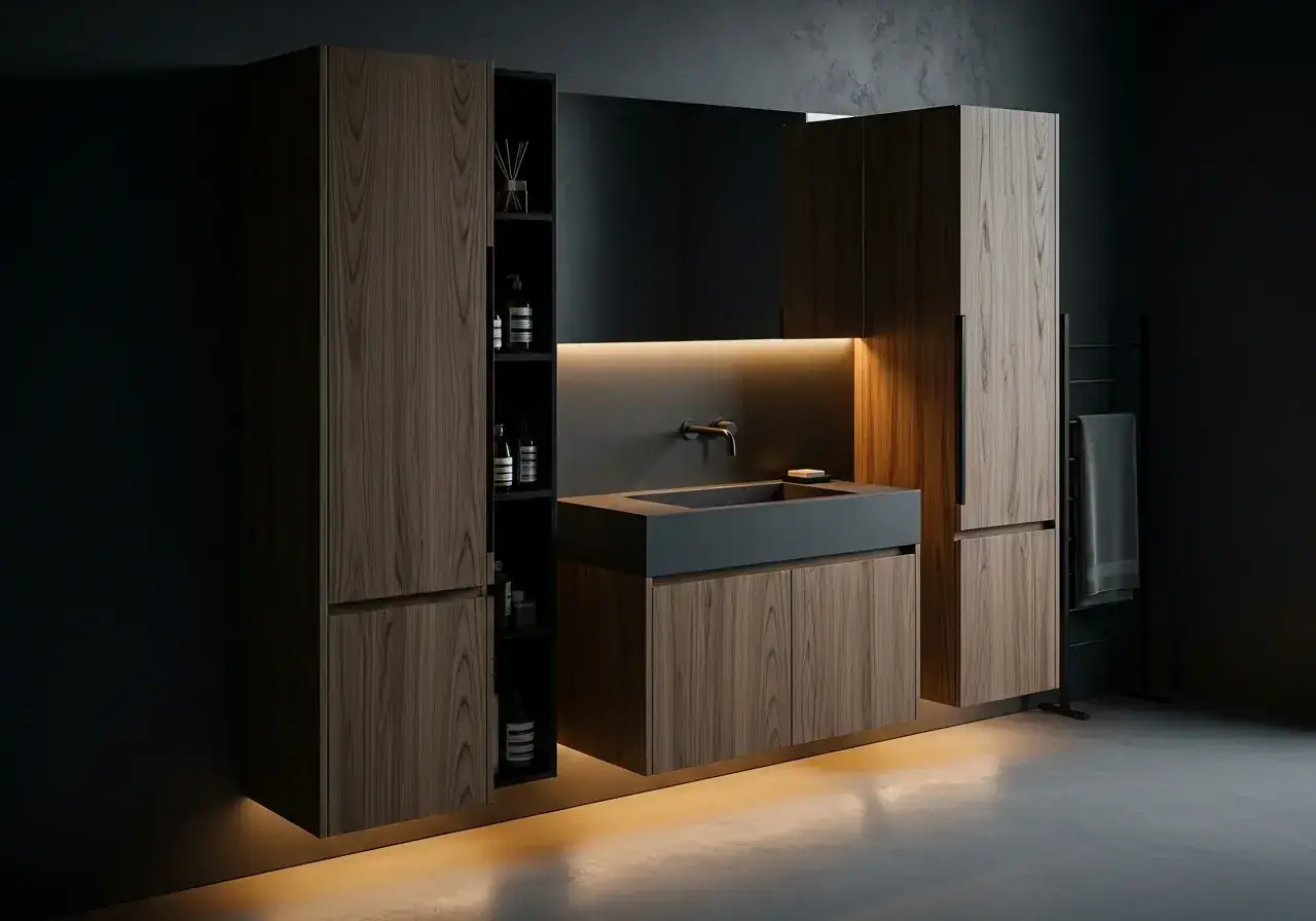 Integrated full-height bathroom wall unit with mirror cabinet — bespoke bathroom vanity supplied across Cyprus by AIKON