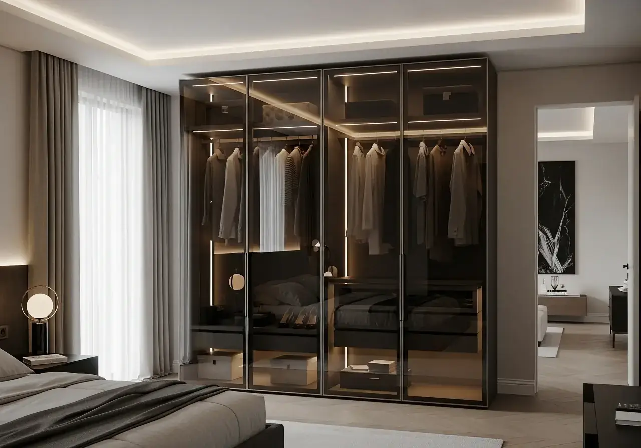 Glass-front full-height wardrobe with handleless doors — AIKON Wardrobes by AIKON