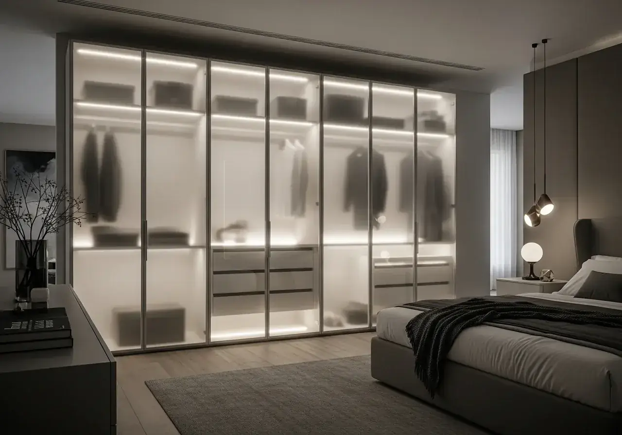 Glass door wardrobe system by AIKON — Italian-inspired showroom design