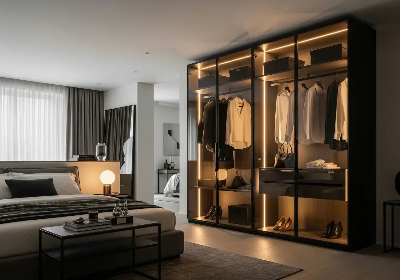 Glass wardrobe with integrated LED accent backlighting — AIKON Wardrobes
