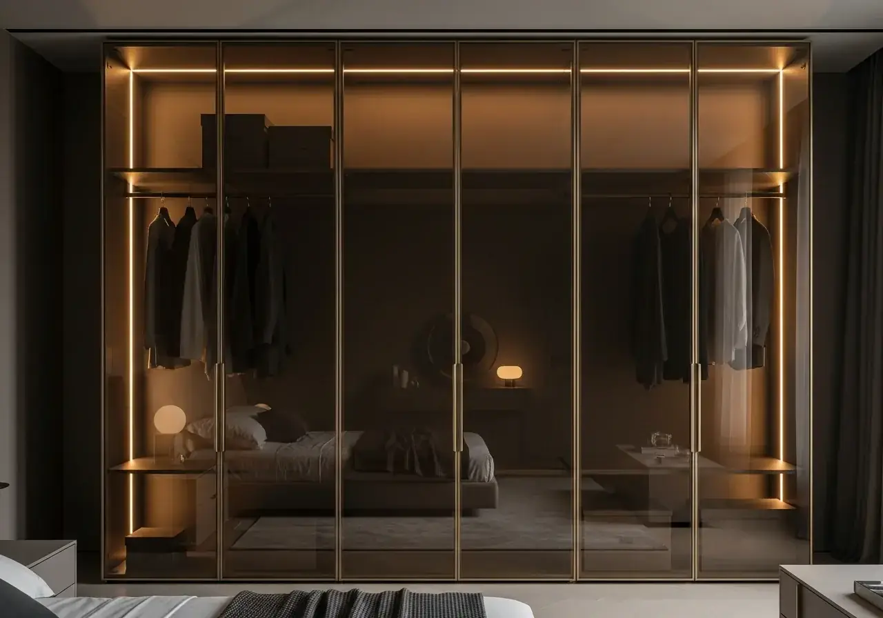 Frameless glass wardrobe with slim aluminium profile — AIKON Wardrobes