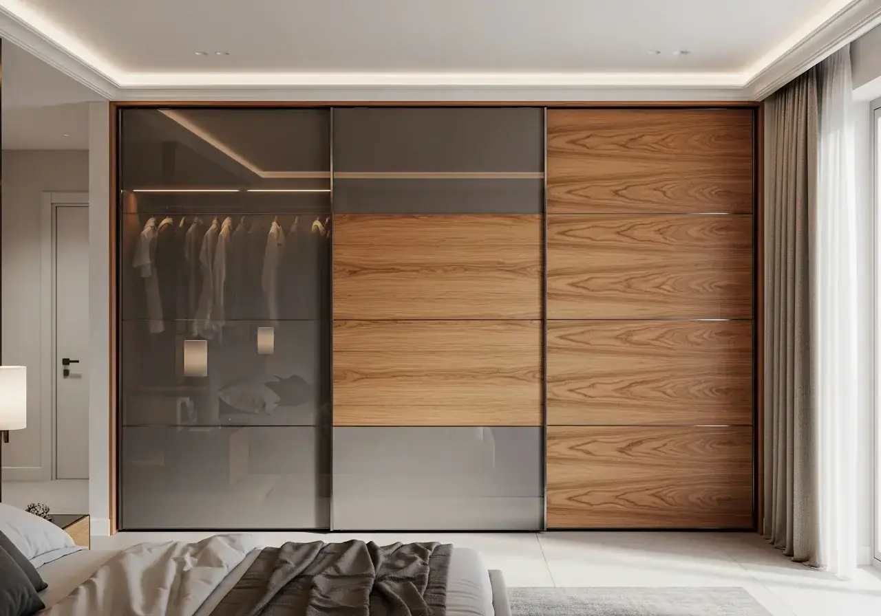 Three-panel sliding wardrobe with mirrored centre panel — AIKON Wardrobes