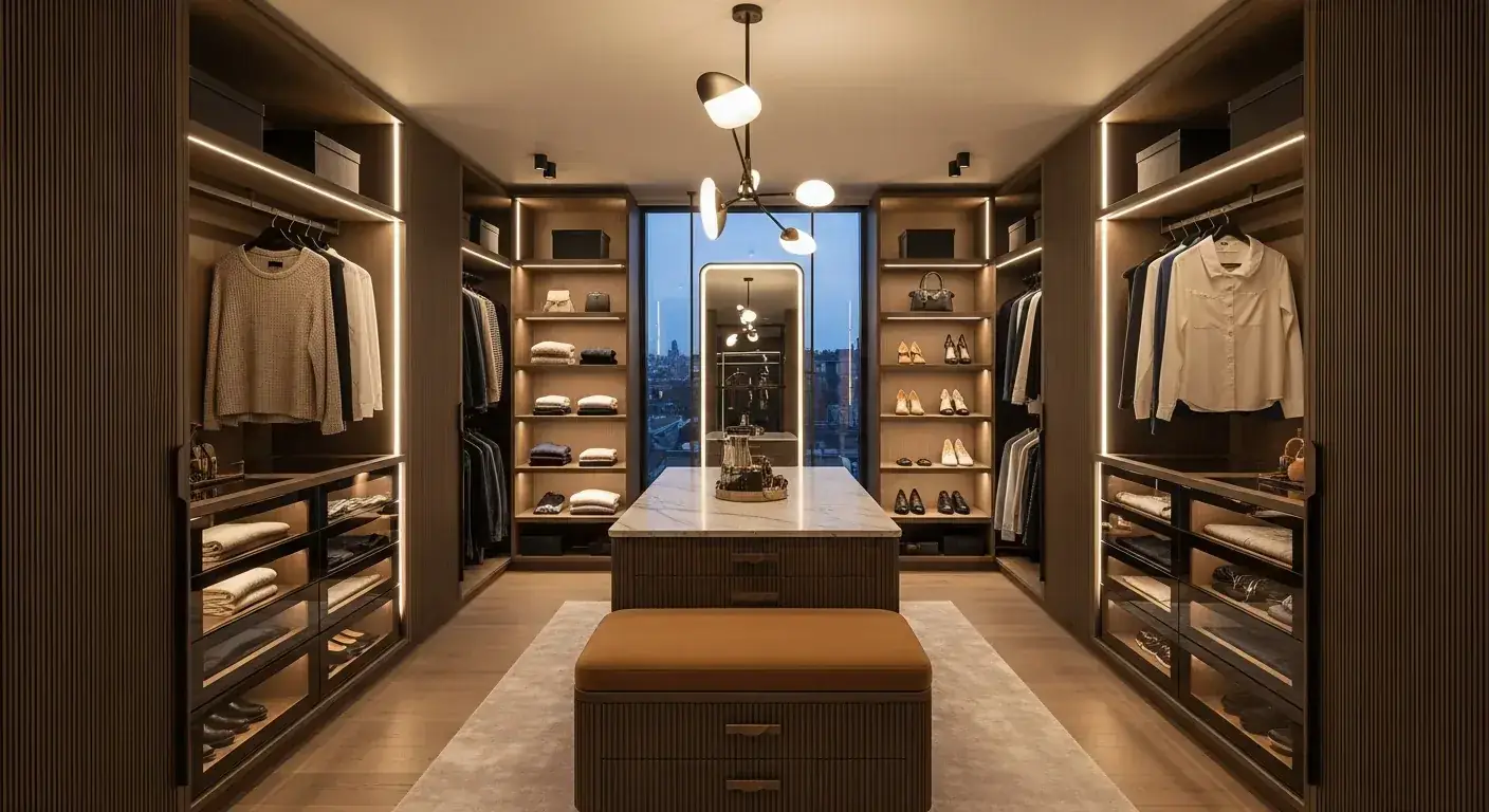 AIKON walk-in wardrobe — custom walnut veneer closet system with hanging rails, drawer banks and integrated LED lighting