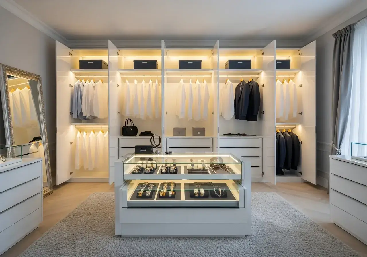Walk-in wardrobe with open display shelving system — AIKON Wardrobes dressing room