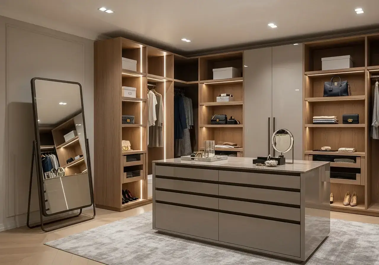 Walk-in closet with integrated island unit and bespoke storage — AIKON Wardrobes