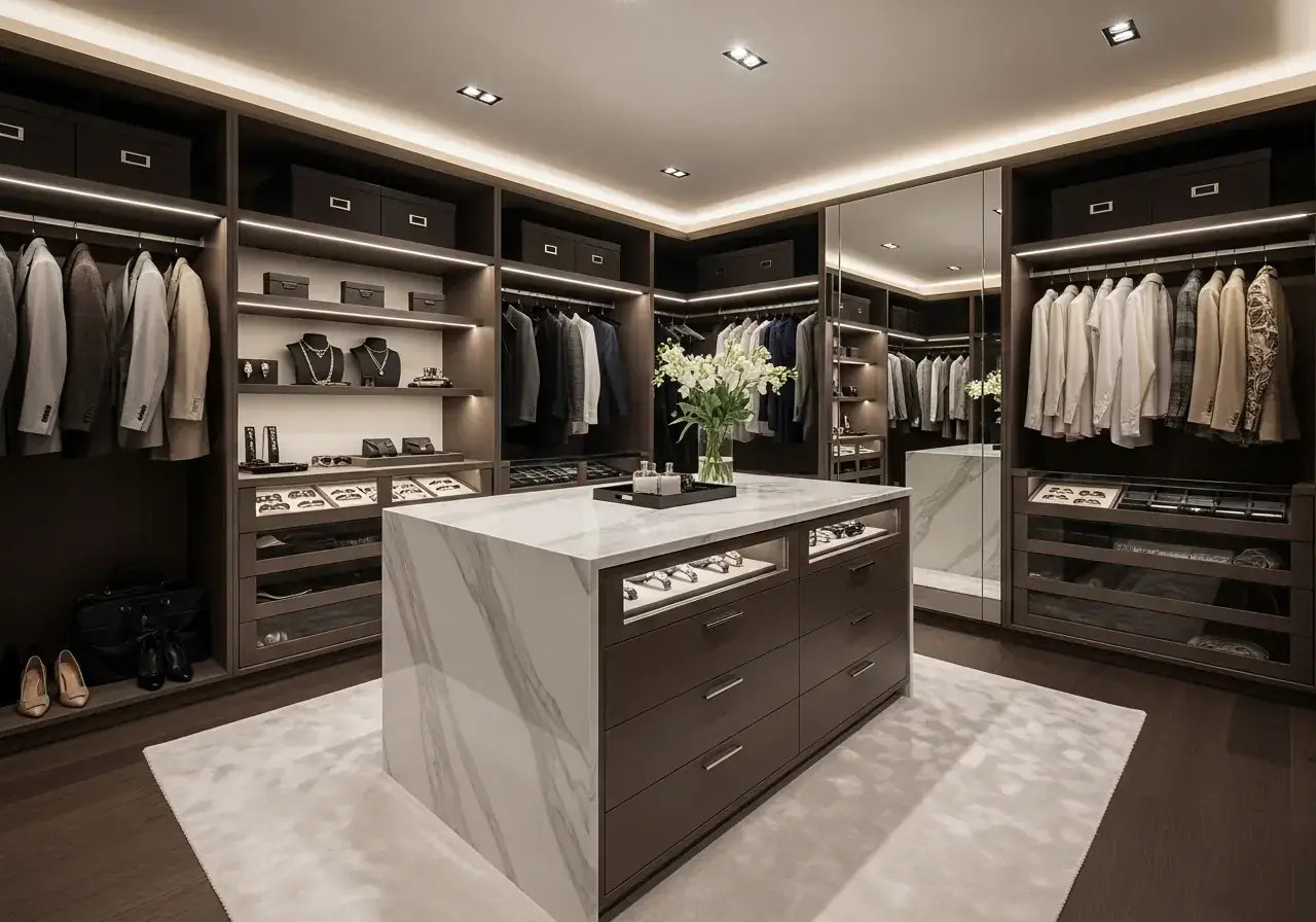 Walk-in dressing room with full-height hanging rails and LED lighting — AIKON Wardrobes
